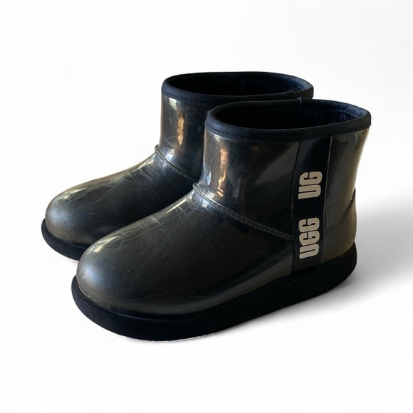 UGG Mini Clear & Sherpa Filled Kids Glossy Black Boots - Picture 1 of 12